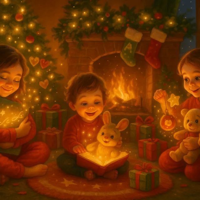 Three children in pajamas sit by a glowing fireplace on Christmas Eve, reading and playing with gifts.