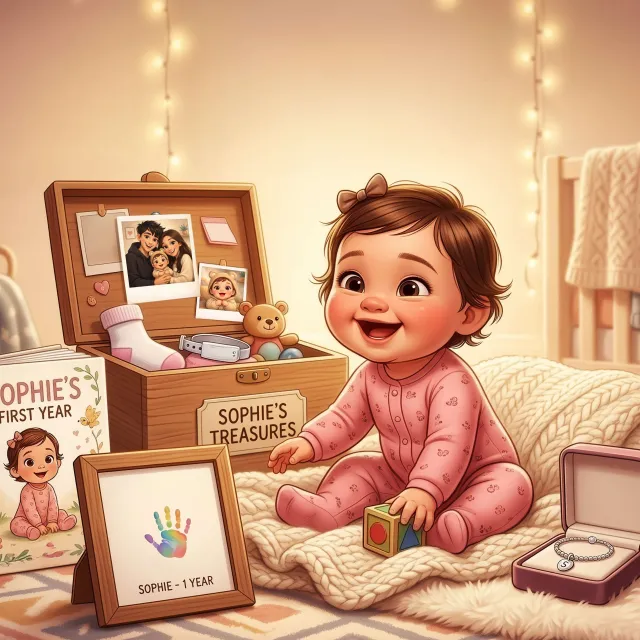 A smiling baby girl surrounded by personalized first-year keepsakes in a cozy nursery.