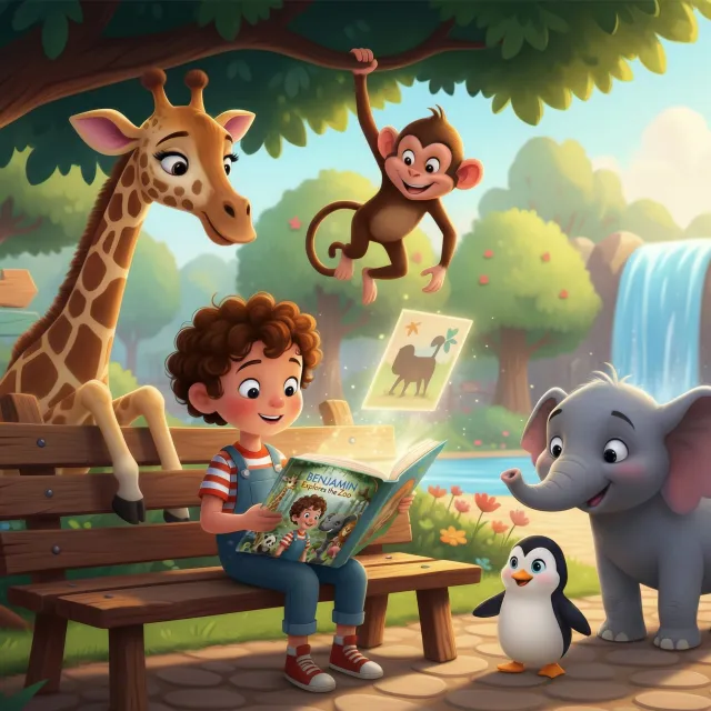 A child reading a zoo storybook on a bench, surrounded by a giraffe, monkey, elephant, and penguin in a bright cartoon zoo with flowers and a waterfall.