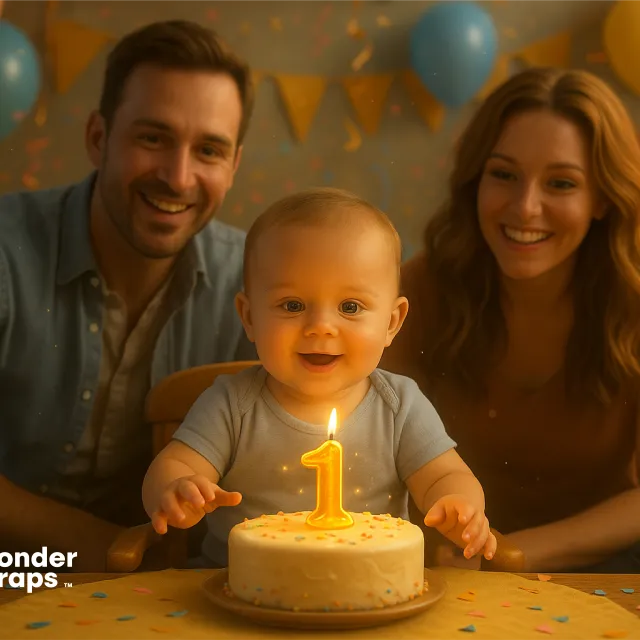 Smiling baby with parents celebrates first birthday with a cake and glowing number one candle.