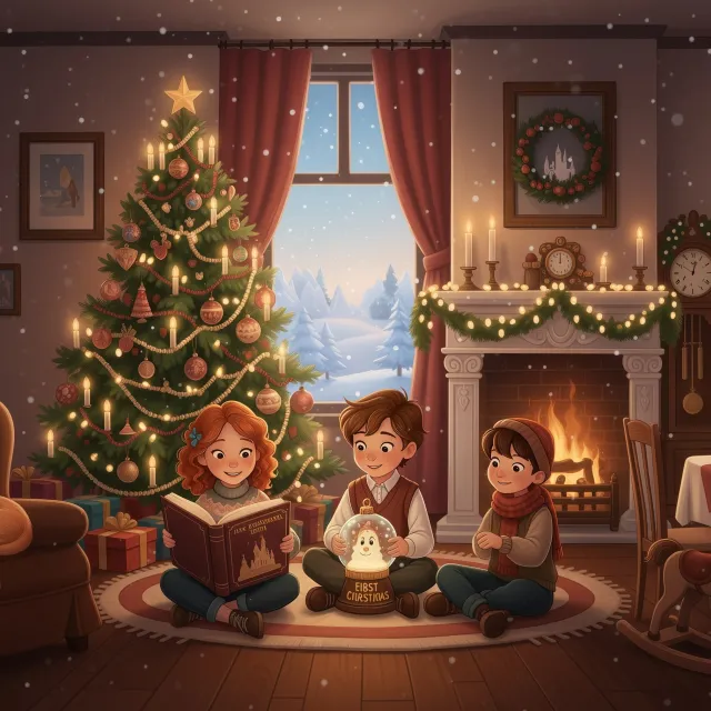Children reading by a Christmas tree and fireplace on a snowy winter night.