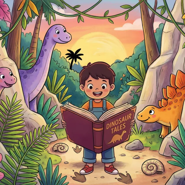 Child reading a “Dinosaur Tales” book in a colorful prehistoric forest with friendly dinosaurs.