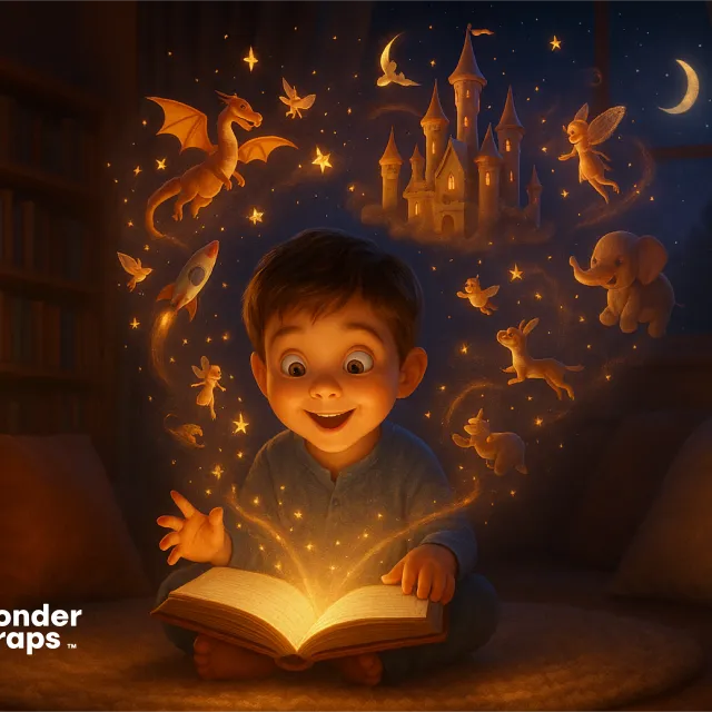 A delighted child reads a glowing storybook at night as magical creatures and a castle appear in the air around them.