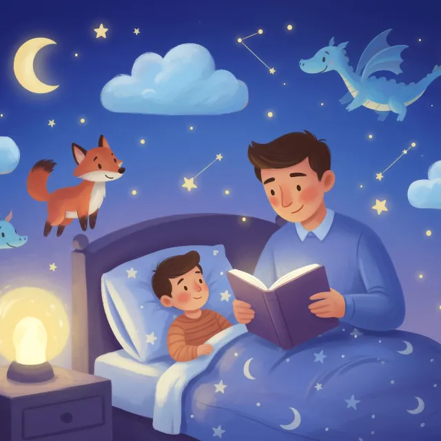 A bedtime scene of a parent reading to a child, surrounded by gentle nighttime magic.