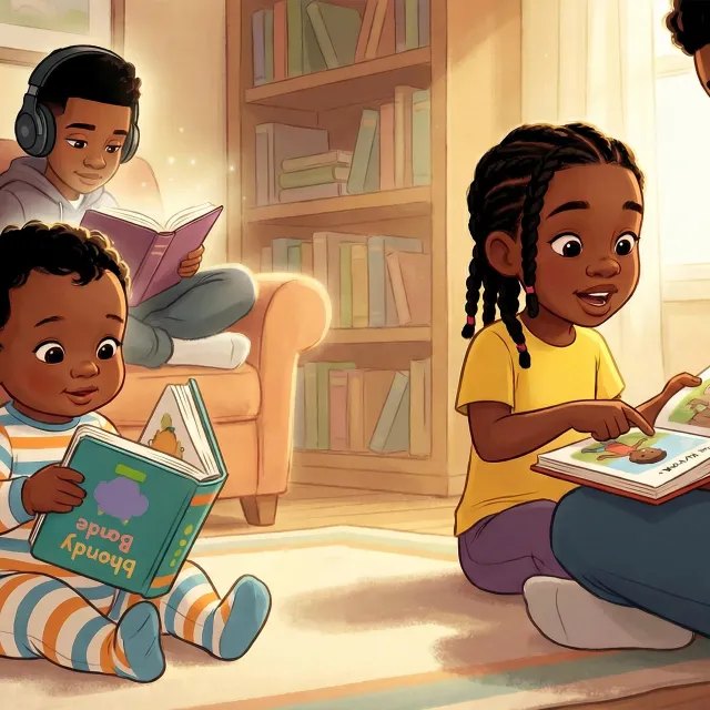 Children and an adult reading books together in a cozy living room.