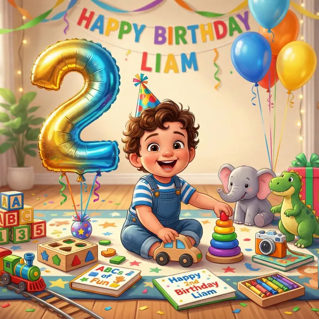 Toddler celebrating 2nd birthday with toys, balloons, and a “Happy Birthday Liam” banner.