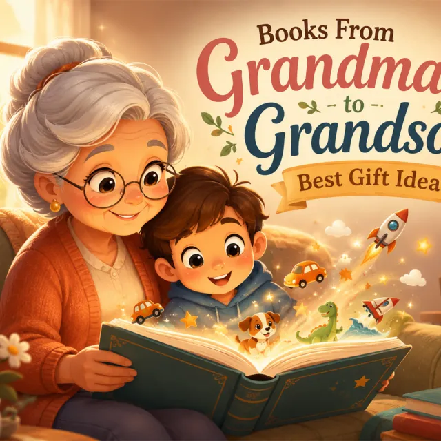 Grandmother and grandson reading a magical storybook together in a cozy living room with playful illustrations floating from the pages.