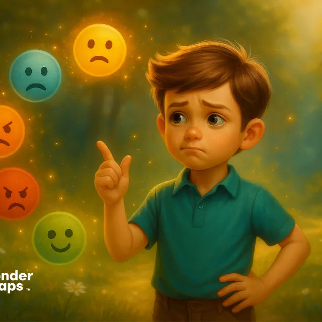 A thoughtful boy points at colorful floating emotion faces showing different feelings in a warm, sunny forest.