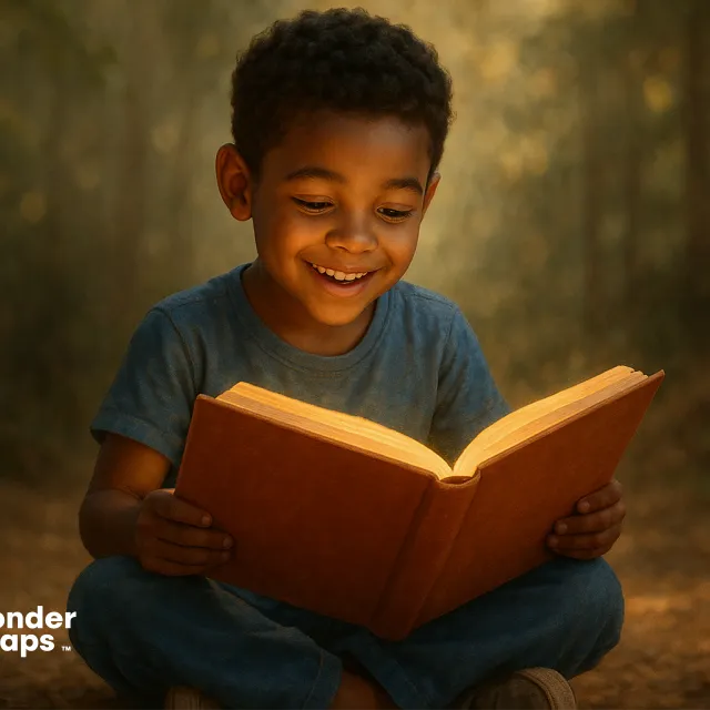 Smiling boy sits outdoors reading a glowing book in warm sunlight.
