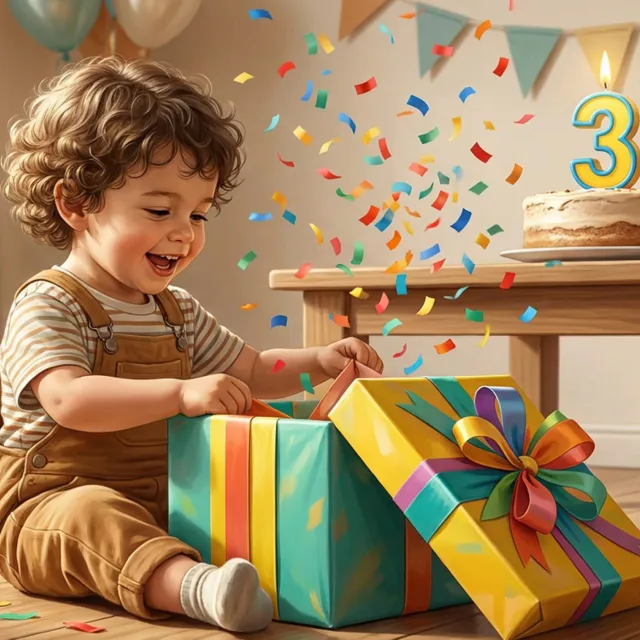 A three-year-old opening a birthday gift box