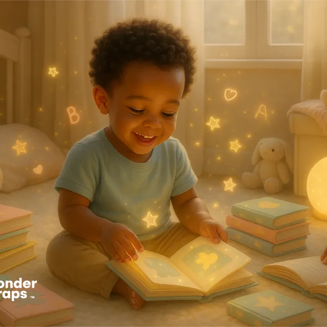 A smiling baby sits in a cozy room surrounded by soft toys and glowing books, enjoying storytime filled with stars and gentle light that sparks imagination.