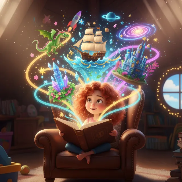 A young girl reads a magical storybook in a cozy attic, with colorful fantasy elements like dragons, castles, and ships glowing and swirling from the pages around her.