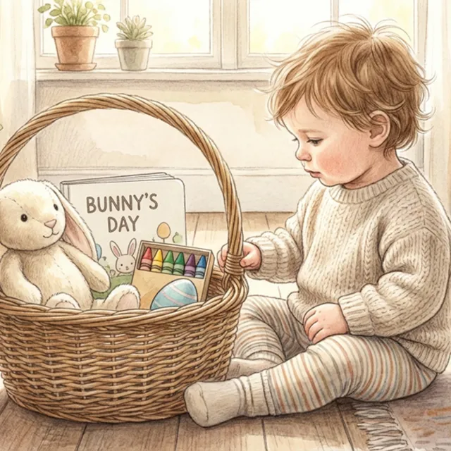 A toddler examines a wicker basket with a plush bunny, crayons, and a “Bunny’s Day” book on a sunlit floor.