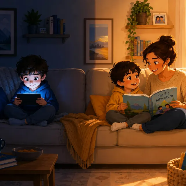 A mother reads a book with her young child on a sunlit couch while another child sits nearby using a tablet in the darker side of the room.