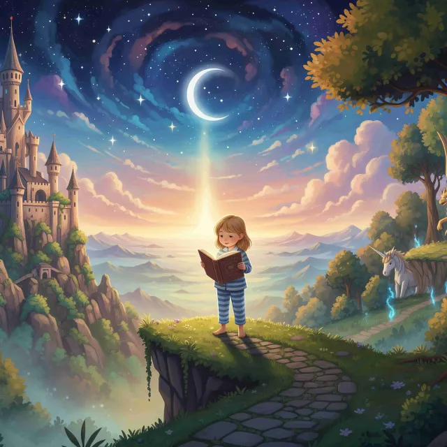 Child reading a book in a magical nighttime landscape with a castle, moon, and fantasy creatures.