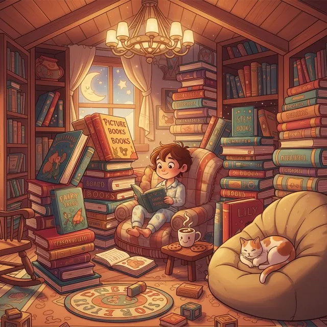 A child reading in a cozy room surrounded by stacks of books, with a sleeping cat nearby.