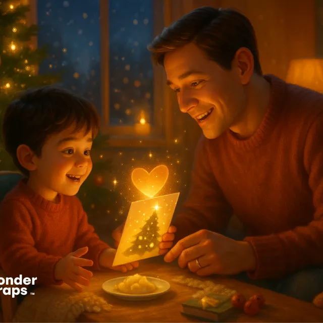 A father and young son share a magical Christmas moment by the tree, smiling as a glowing card lights up with a heart above it, surrounded by warm holiday lights.