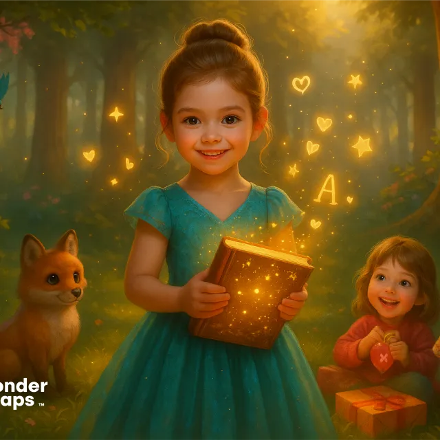 A smiling girl holds a glowing book in a forest, surrounded by a fox, bunny, and friend as golden letters and hearts float around.