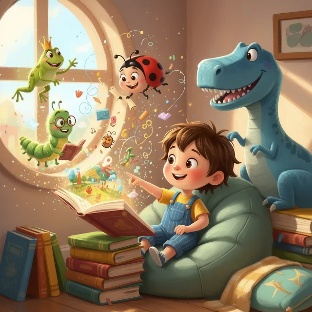 A young boy reads an open book as colorful magical creatures—a frog, ladybug, and caterpillar—come to life around him, with a smiling dinosaur watching nearby.