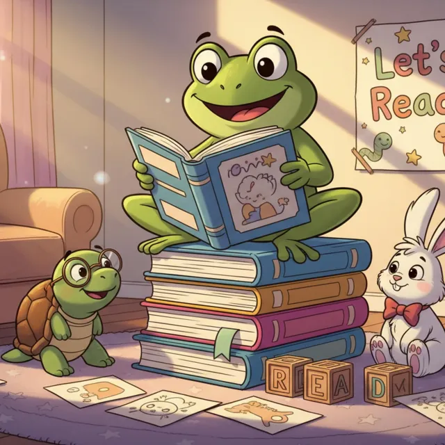 A frog reads a book to a turtle and a bunny in a cozy, sunlit room.