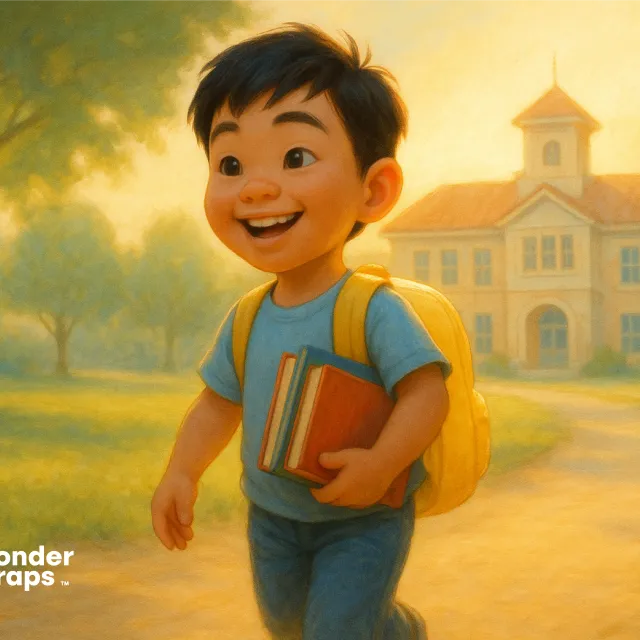 Smiling boy with a backpack and books walks happily toward school on a sunny morning.