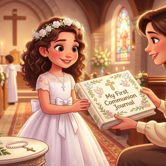 A young girl in a white communion dress receives a “My First Communion Journal” from a smiling woman inside a warmly lit church.