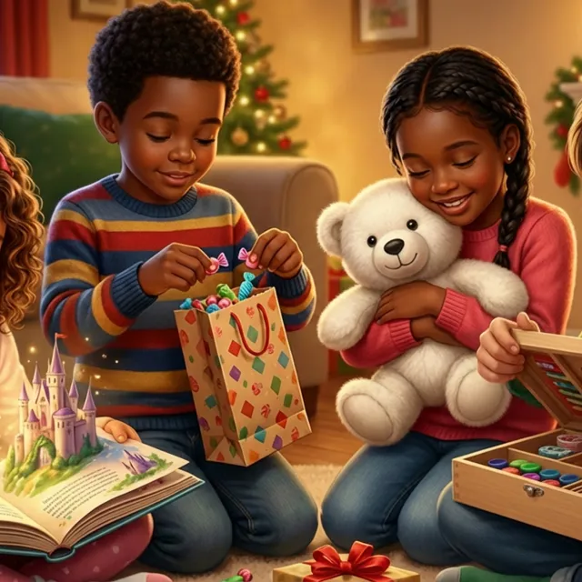 A warm holiday scene of four children happily opening gifts in a cozy, festive living room.