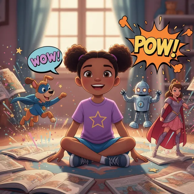 A smiling girl sits on the floor surrounded by open comic books as characters—a superhero dog, robot, and princess—come to life around her.