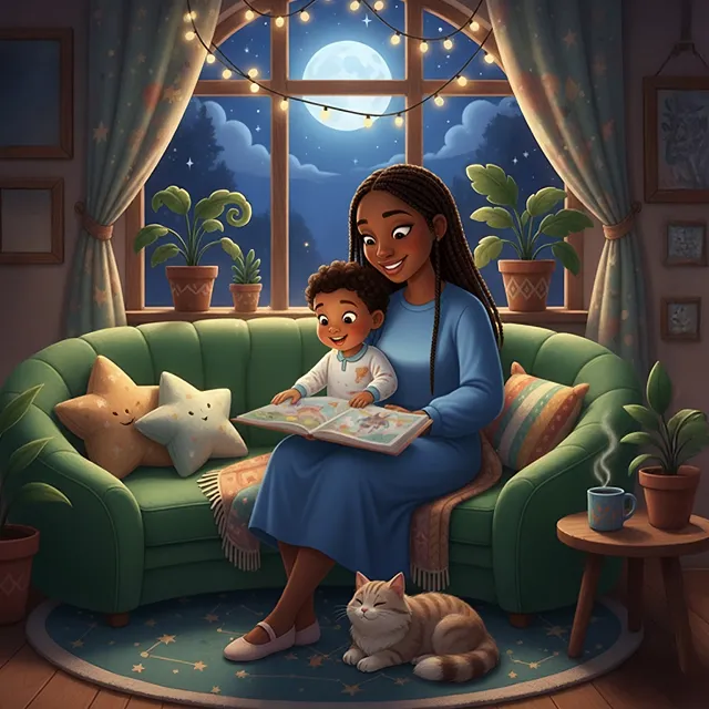 A mother and her young child sit on a cozy green sofa under moonlight, joyfully reading a bedtime story together, surrounded by warm lights, plants, and a sleeping cat.