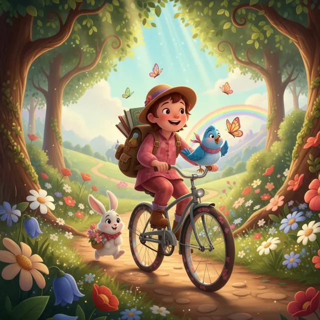 A smiling child rides a bike through a colorful forest with a bluebird on the handlebars and a bunny running beside them under a rainbow.