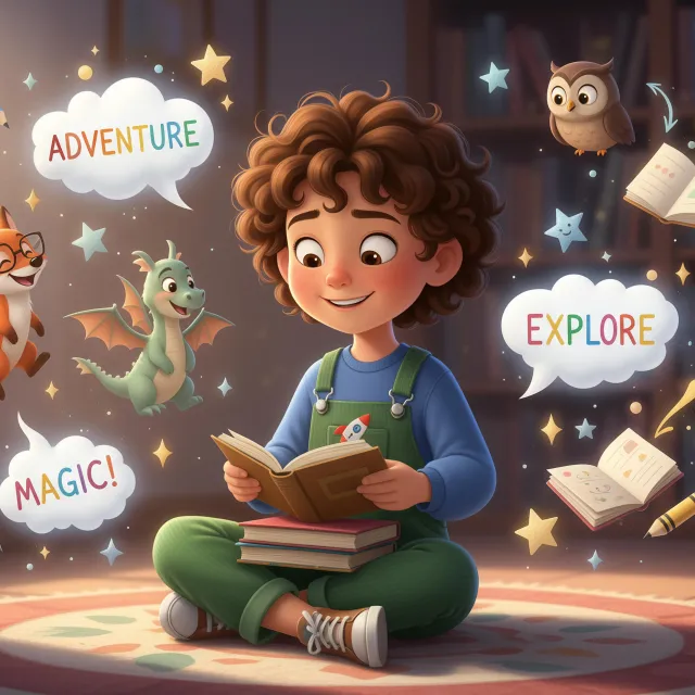 A child reading as magical characters and words come to life around the book.