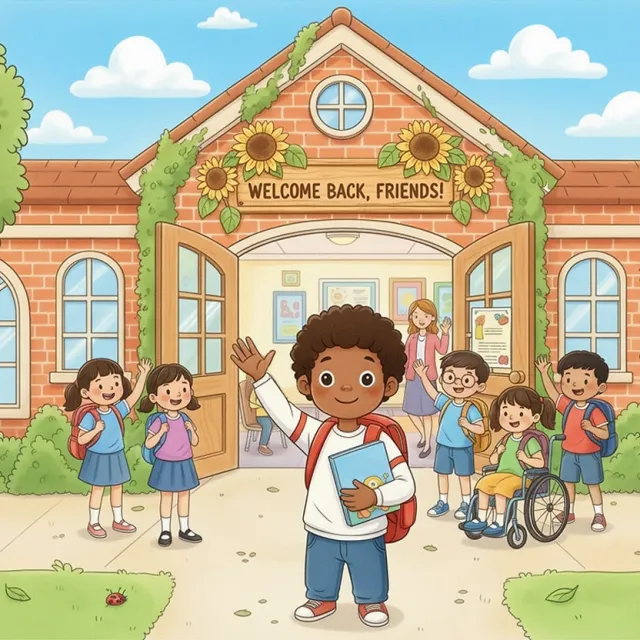 A warm, cheerful illustration showing a child with a backpack at the doorway of a school, holding a small gift or book.
