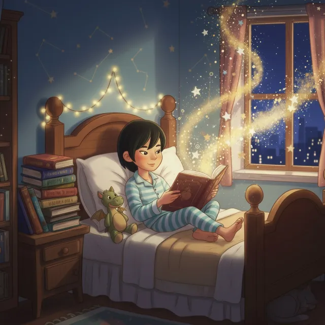 A child reading in bed at night as glowing stars rise from an open book.