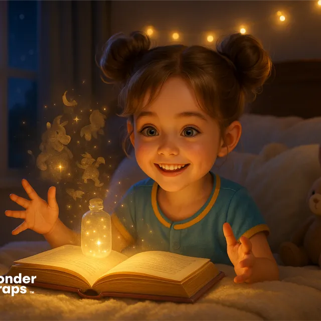 Excited girl in bed watching glowing magic rise from a storybook at night.