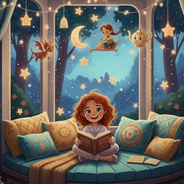 A child sitting in a cozy reading nook surrounded by floating story elements: stars, tiny book characters, soft glowing books, and decorative reading lights.