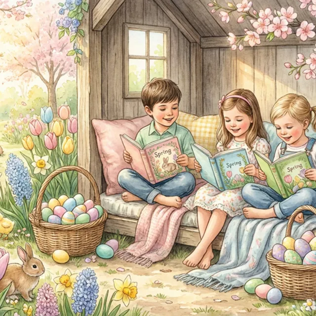Kids reading spring books in a garden with flowers, Easter eggs, bunnies, and chicks.