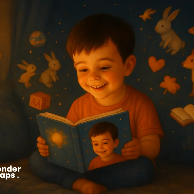 Smiling boy reads a glowing book in bed surrounded by softly lit story-themed illustrations.