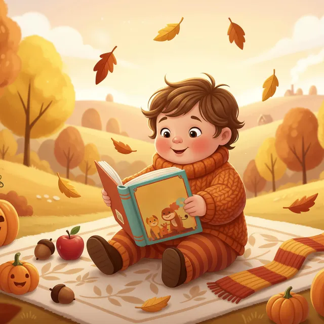 A cozy autumn scene of a child reading a book among falling leaves and pumpkins.