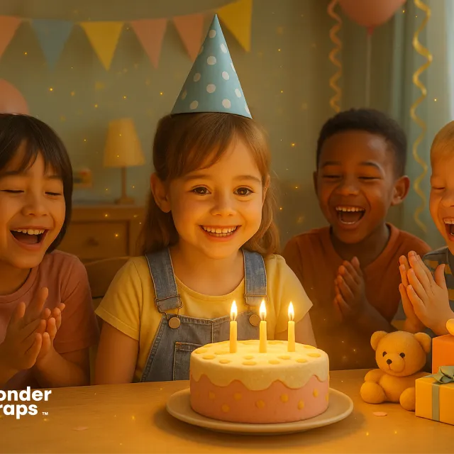 Smiling girl wearing a party hat celebrates her birthday with friends around a cake.