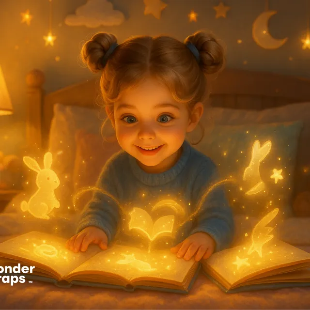 A little girl sits on her bed, eyes wide with wonder as glowing shapes of rabbits and stars rise from her storybook, filling the room with a warm, magical light.