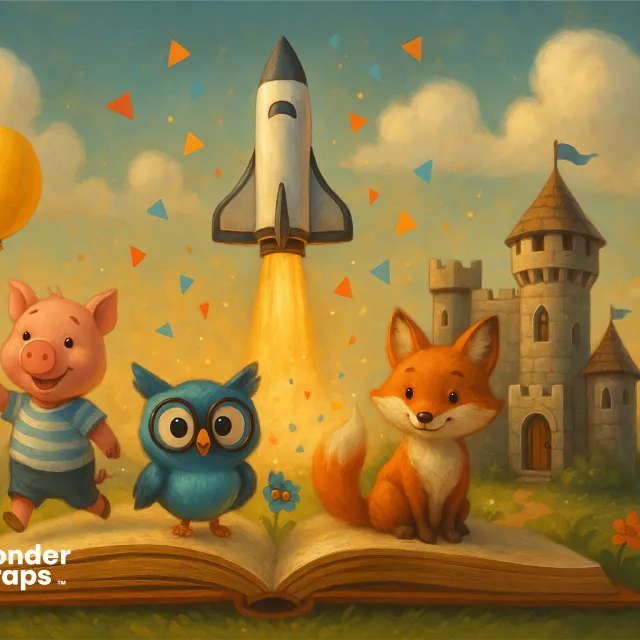 Illustrated pig, owl, and fox stand on an open book with a rocket and castle behind them.