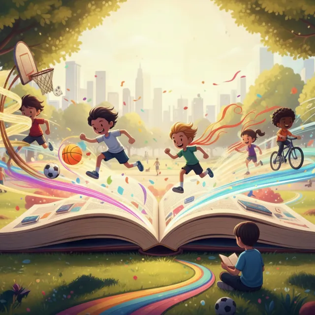 A colorful scene showing kids playing different sports, like soccer, basketball, running, and biking, set around an open book.