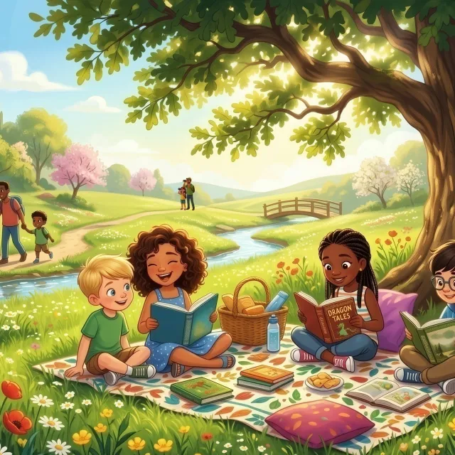 Four children reading books on a picnic blanket under a large tree in a sunny meadow with flowers and a stream.
