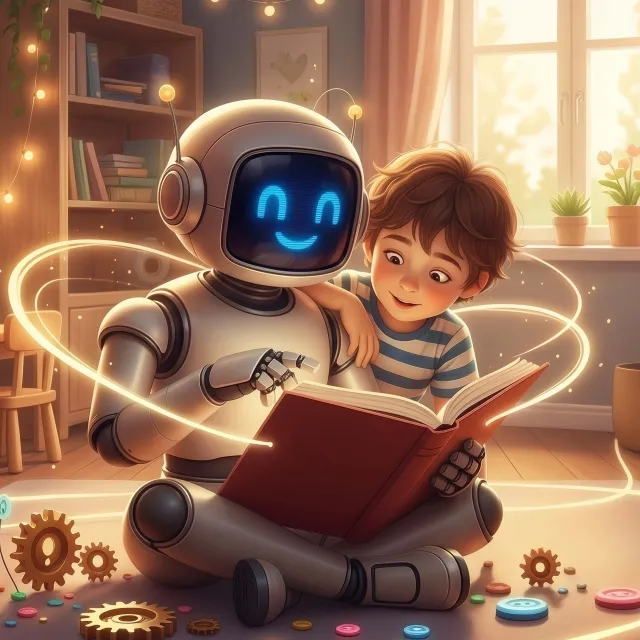 A friendly robot sitting on the floor reading a book with a child, surrounded by small mechanical details (gears, buttons, antennae) and light, whimsical motion lines.