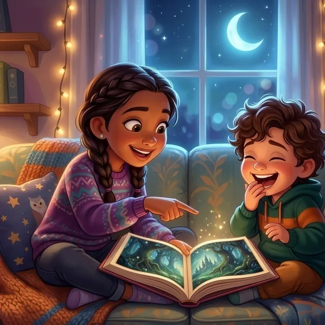 Two smiling children sit on a cozy couch at night, reading a glowing storybook together in a warmly lit room with fairy lights, bookshelves, and a crescent moon visible through the window.