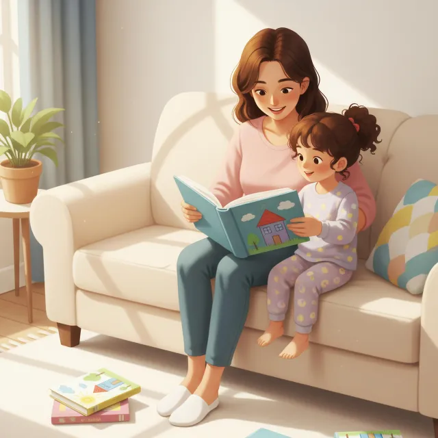 A mother and young daughter sitting on a sofa, reading a picture book together in a sunlit living room.