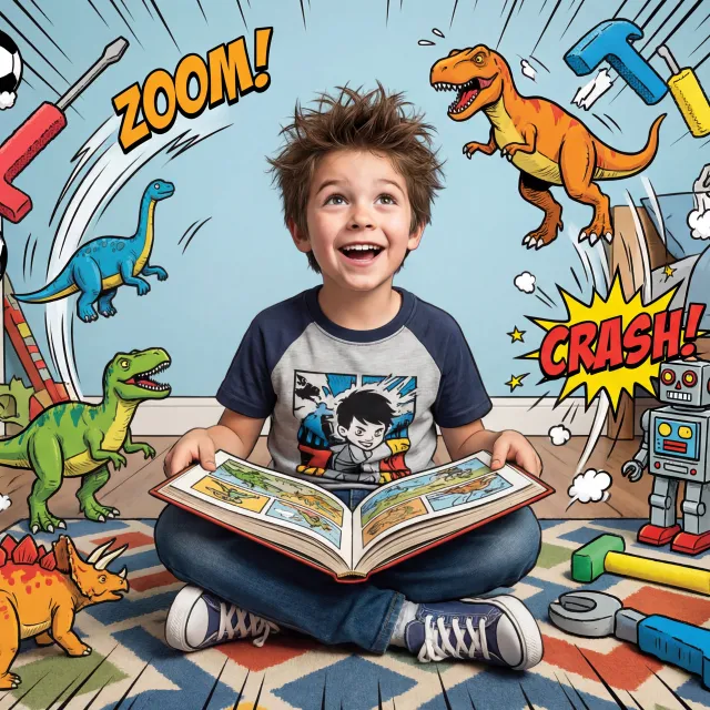 Smiling child reading a picture book as colorful cartoon dinosaurs, robots, and toys spring to life around them.