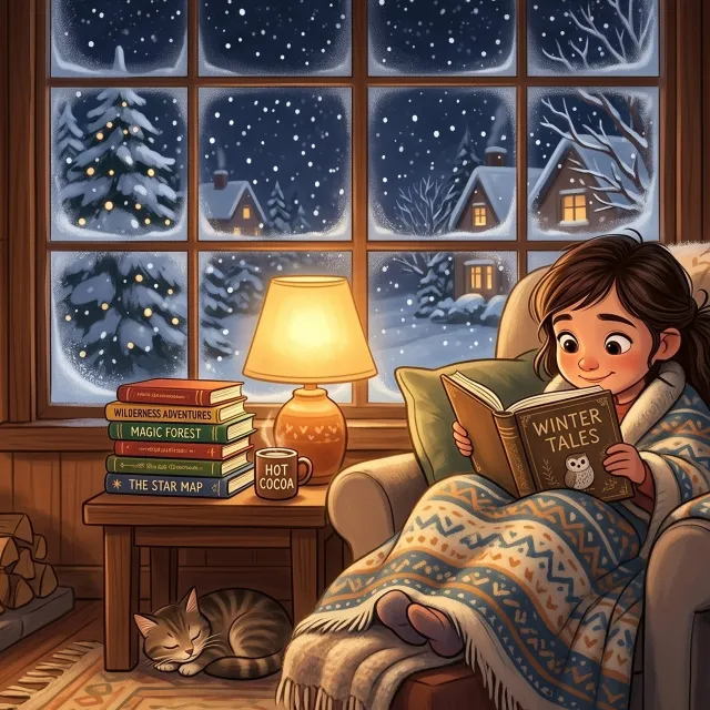 Child reading “Winter Tales” in a cozy armchair by a lamp, with a sleeping cat, hot cocoa, and a snowy village visible through the window.