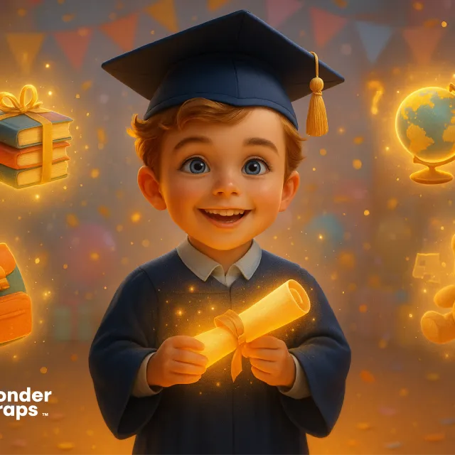 Smiling child in graduation cap holds a glowing diploma surrounded by school-themed symbols.