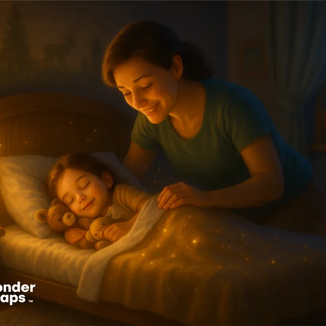 Mother tucking in her sleeping child holding teddy bears under warm bedtime light.